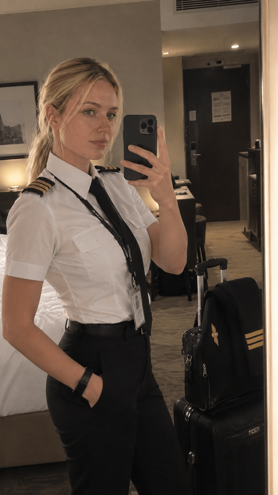 Valeria in uniform before a flight